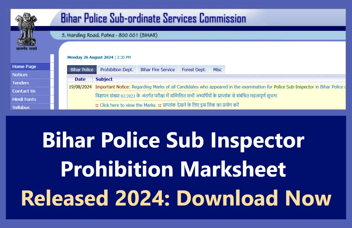 Bihar Police Sub Inspector Prohibition Marksheet Released 2024